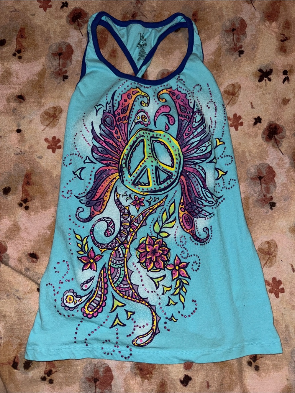 Hide and Seek Peace Sign Butterfly Graphic Razorback Tank Top - Youth Large
